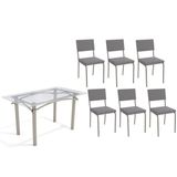 Conjunto: Mesa De Cozinha Elba C/ Tampo De Vidro 140cm E 6 Cadeiras Zaria Niquel - Suede Cinza - Kappesberg