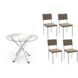 Conjunto: Mesa Sala Jantar Volga C/ Tampo De Vidro 95cm E 4 Cadeiras Zaria Cromada - Suede Bege - Kappesberg