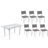 Conjunto: Mesa De Cozinha Elba C/ Tampo De Vidro 140cm E 6 Cadeiras Zaria Cromada - Suede Cinza - Kappesberg