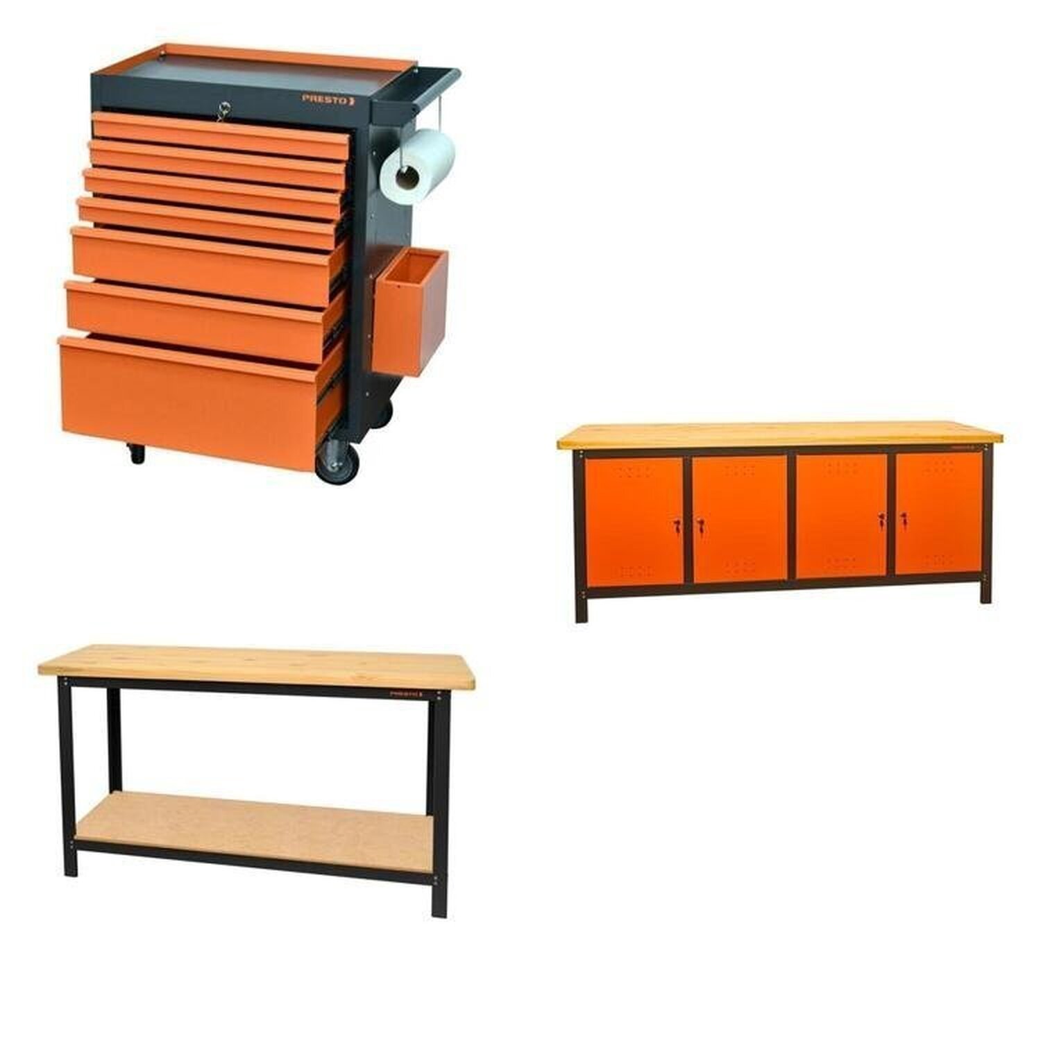 Conjunto Bancada Para Ferramentas 200cm Carro De Ferramentas Profissional 7 Gavetas Presto Laranja