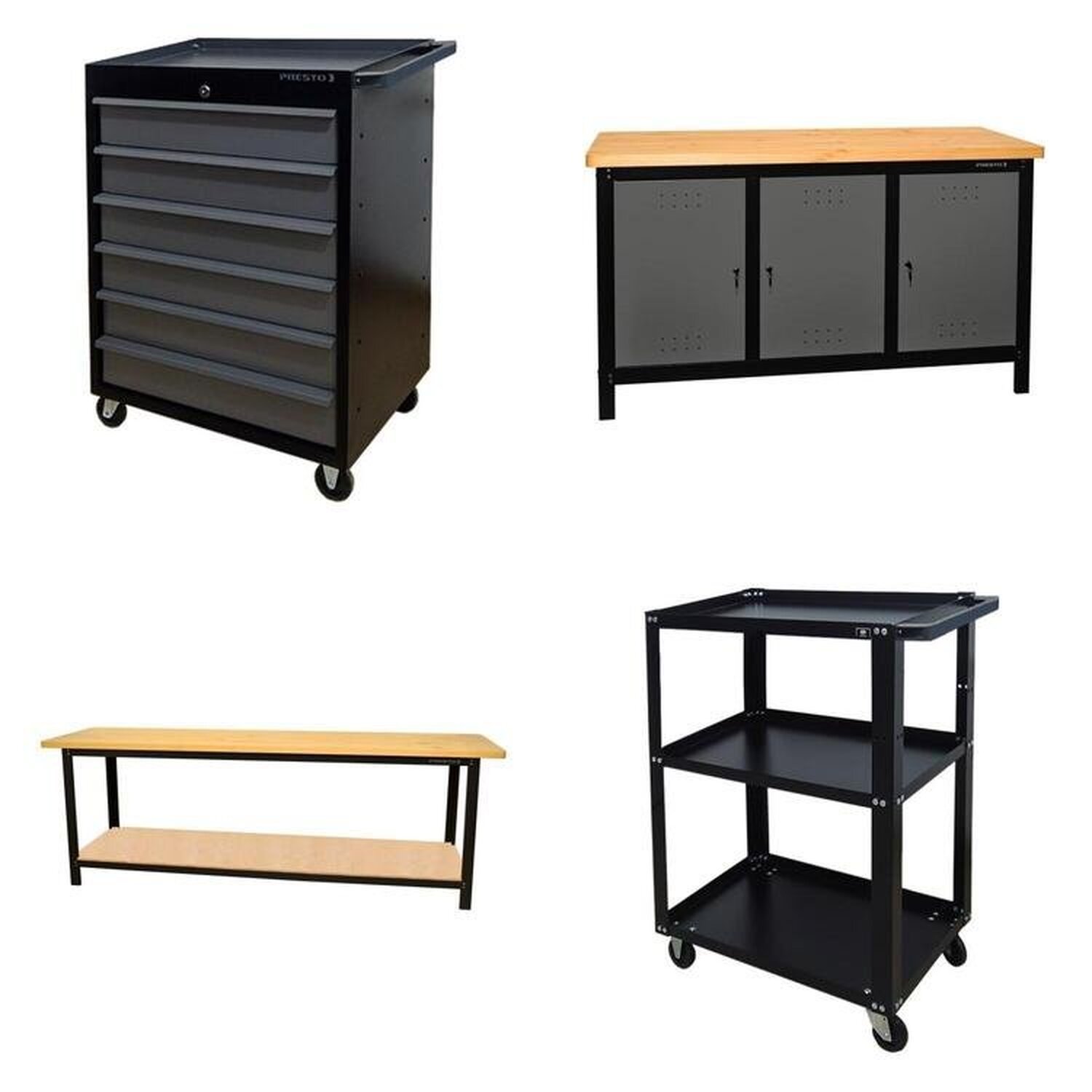 Conjunto 2 Carros Profissional 6 Gavetas 2 Bancadas Profissional 200cm Para Ferramentas Presto Preto