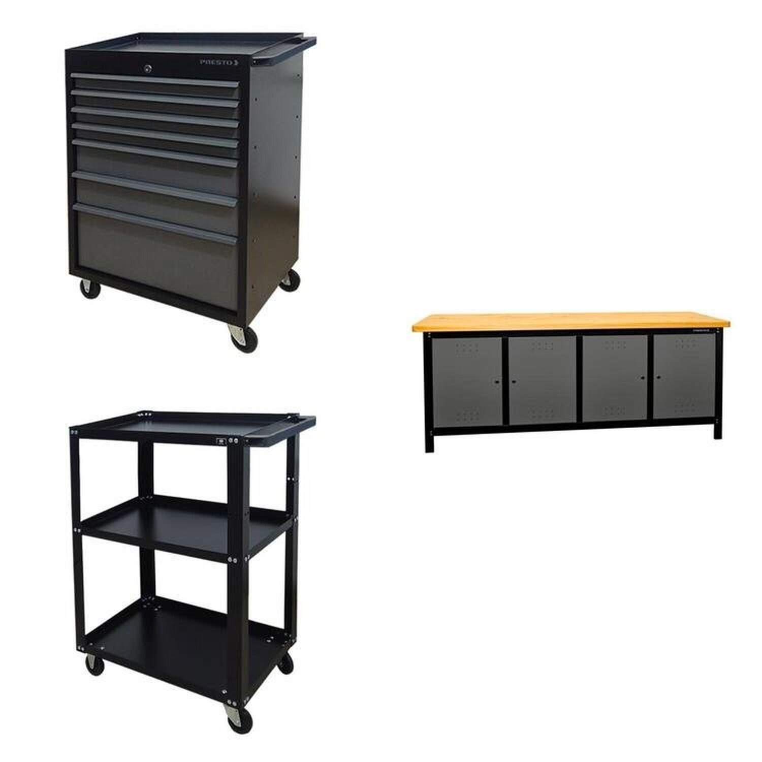 Conjunto 2 Carros Profissional 7 Gavetas 1 Bancada Profissional De 200cm Para Ferramentas Presto Preto
