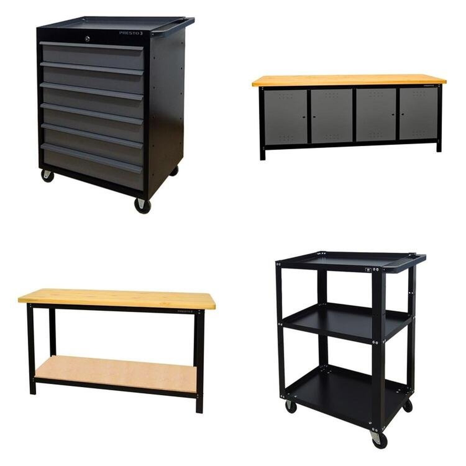 Conjunto 2 Carros Profissional 6 Gavetas 2 Bancada Profissional 200cm Para Ferramentas Presto Preto