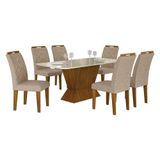 Mesa De Jantar Larissa 180x90 Freijó Off White Com 6 Cadeiras Mdf Freijó Linho Palha - Leifer Móveis