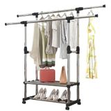 Arara Dupla Inox Sapateira Cabideiro 2 Prateleiras Extensivel Organizador Roupa Com Rodinhas Guarda Roupa