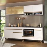 Armário De Cozinha Modulada Compacta 225cm Com Balcão Para Cooktop Veneza Multimóveis Mp2263 Branco/dourado