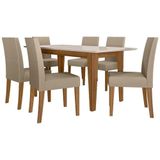 Mesa De Jantar 160cm Liz Com Vidro Carvalho Off White E 6 Cadeiras Josi Liso Carvalho Bege - Poliman