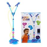 Microfone Infantil Duplo Com Pedestal, Karaokê Rock Star, Amplificador Musical, Conecta Celular E Mp3 Luz Azul