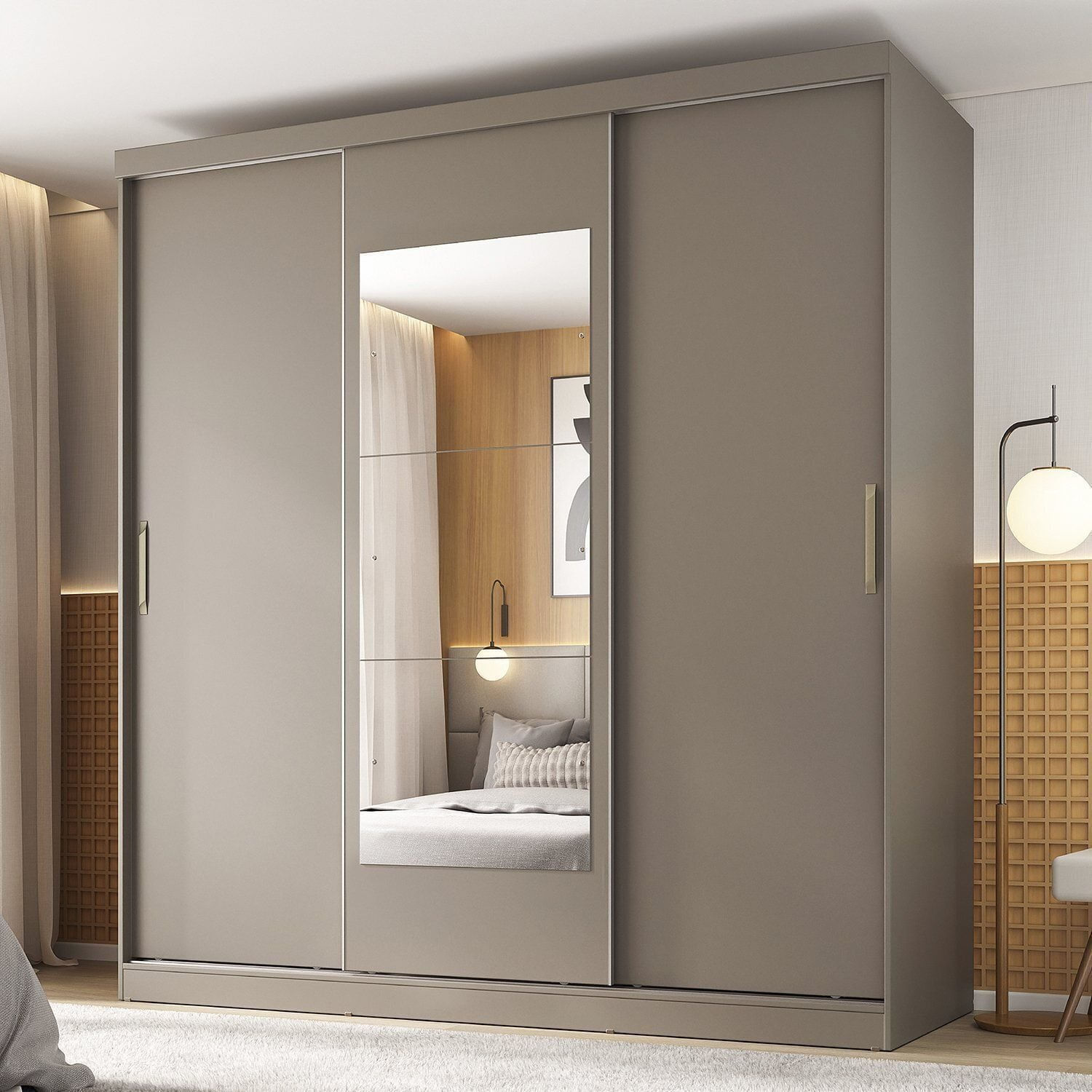 Guarda-roupa 3 Portas Com Espelho Araçá Cabecasa Madeiraoriginals Cinza/fendi Fendi