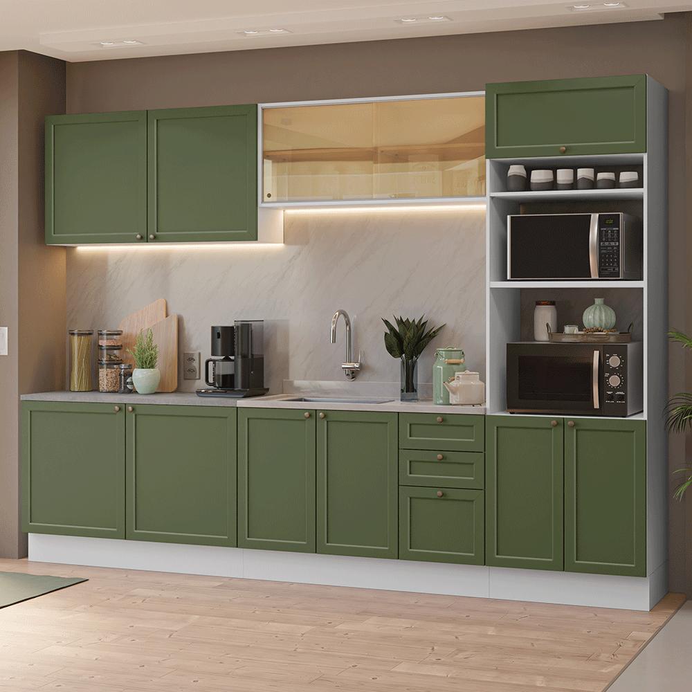 Armário De Cozinha Completa 310 Cm Branco/verde Vik Madesa 01