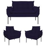 Kit 02 Poltronas + Namoradeira Reforçada Opala Metal Preto Azul Marinho