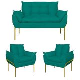 Kit 02 Poltronas Opala + Namoradeira Base Metal Dourada Azul Turquesa