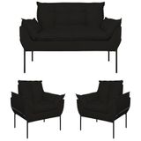 Kit 02 Poltronas + Namoradeira Reforçada Opala Metal Preto Preto