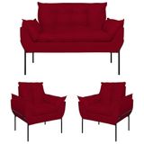 Kit 02 Poltronas Opala + Namoradeira Base Metal Preta Vermelho