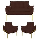 Kit 02 Poltronas + Namoradeira Reforçada Opala Metal Dourado Marrom