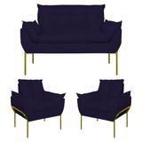 Kit 02 Poltronas + Namoradeira Reforçada Opala Metal Dourado Azul Marinho