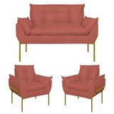 Kit 02 Poltronas Opala + Namoradeira Base Metal Dourada Rosa