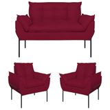 Kit 02 Poltronas Opala + Namoradeira Base Metal Preta Marsala