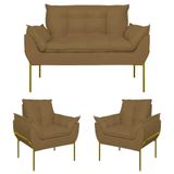 Kit 2 Poltronas + Namoradeira Pé Metal Dourado Recepção Sala Capuccino