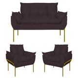 Kit 02 Poltronas + Namoradeira Reforçada Opala Metal Dourado Cinza
