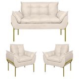 Kit 02 Poltronas + Namoradeira Reforçada Opala Metal Dourado Bege