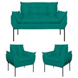 Kit 02 Poltronas + Namoradeira Reforçada Opala Metal Preto Azul Turquesa