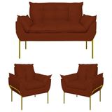 Kit 02 Poltronas + Namoradeira Reforçada Opala Metal Dourado Terracota
