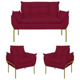 Kit 02 Poltronas + Namoradeira Reforçada Opala Metal Dourado Marsala
