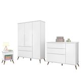 Jogo De Quarto Infantil Retrô Alice Guarda Roupa, Cômoda Com Porta E Mesinha Branco - Pr Baby Branco