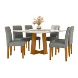Conjunto De Mesa Quadrada Com Tampo De Vidro Giratório Off White E 6 Cadeiras Ana Poliéster Cinza E Ypê