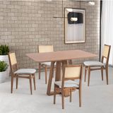 Conjunto De Mesa Retangular Com Tampo De Madeira Maciça Frame E 4 Cadeiras Serena Poliéster Cinza Claro E Natural