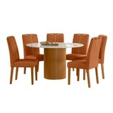 Conjunto De Mesa Redonda Com Tampo De Vidro Off White E 6 Cadeiras Serena Poliéster Terracota E Ypê