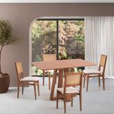 Conjunto De Mesa Retangular Com Tampo De Madeira Maciça Frame E 4 Cadeiras Serena Algodão Bege Claro E Nogueira