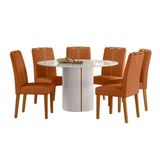 Conjunto De Mesa Redonda Com Tampo De Vidro Off White E 6 Cadeiras Serena Poliéster Terracota E Amadeirado