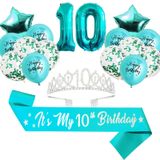Conjunto De Decorações De Aniversário Teal Glitter Sash Crown Balloons