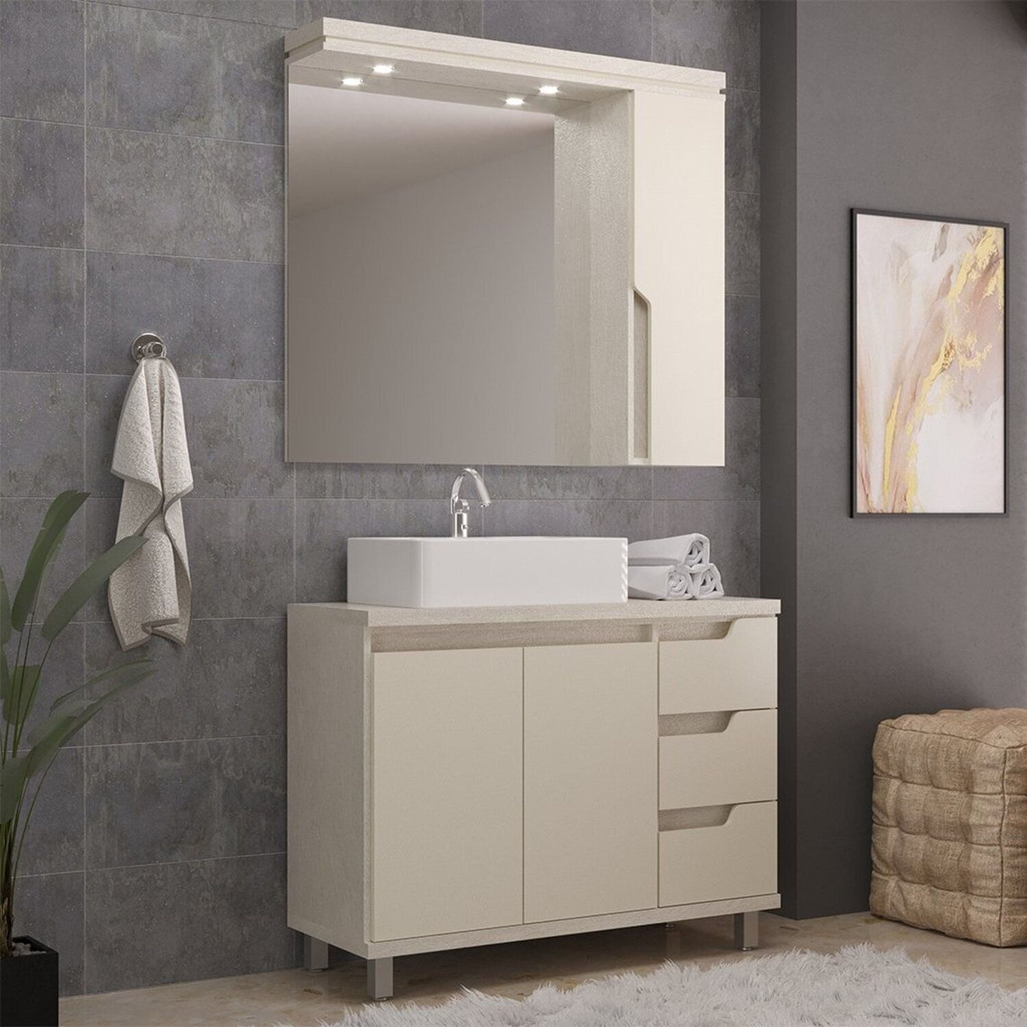 Móveis Para Banheiro Gabinete Com Cuba E Armário Com Espelho Arenito/branco