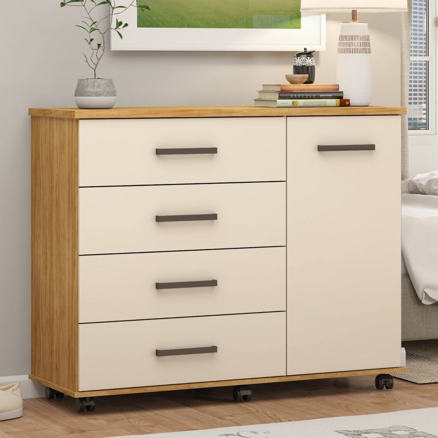 Cômoda Para Quarto 4 Gavetas 1 Porta Flora Cinamon/off-white