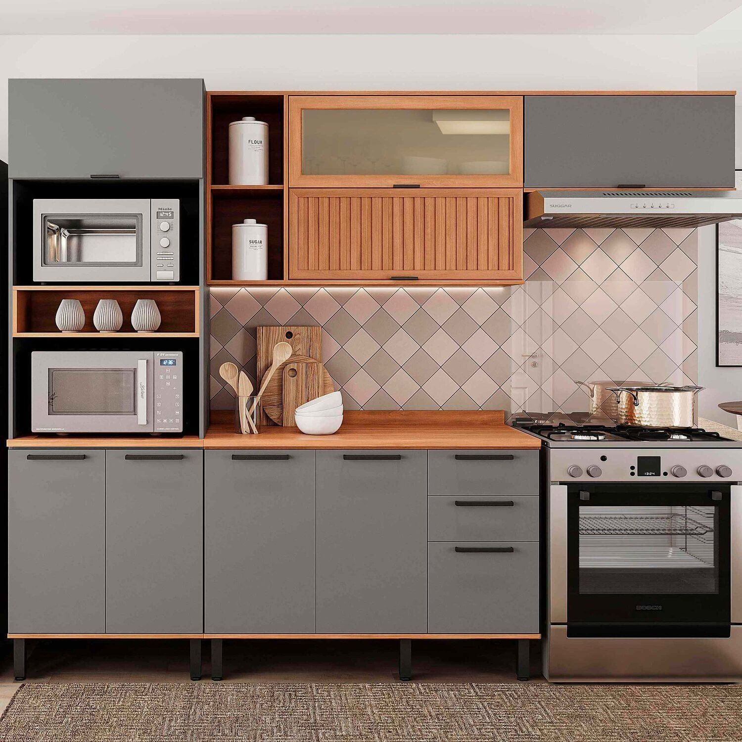 Cozinha Completa 4 Peças 217cm X 270cm Castanha Cinza / Freijó