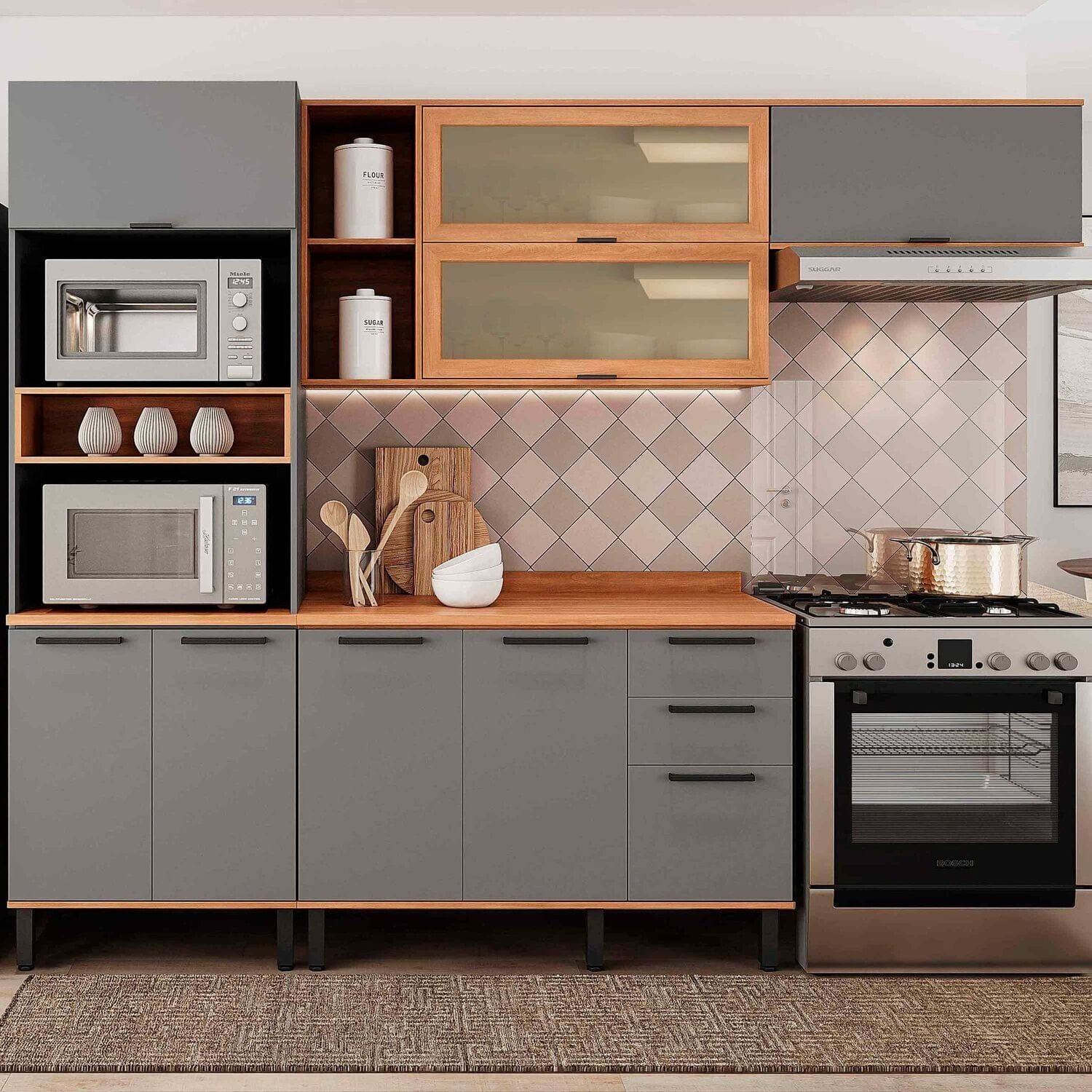 Cozinha Completa 4 Peças 217cm X 270cm Castanha Cinza / Freijó