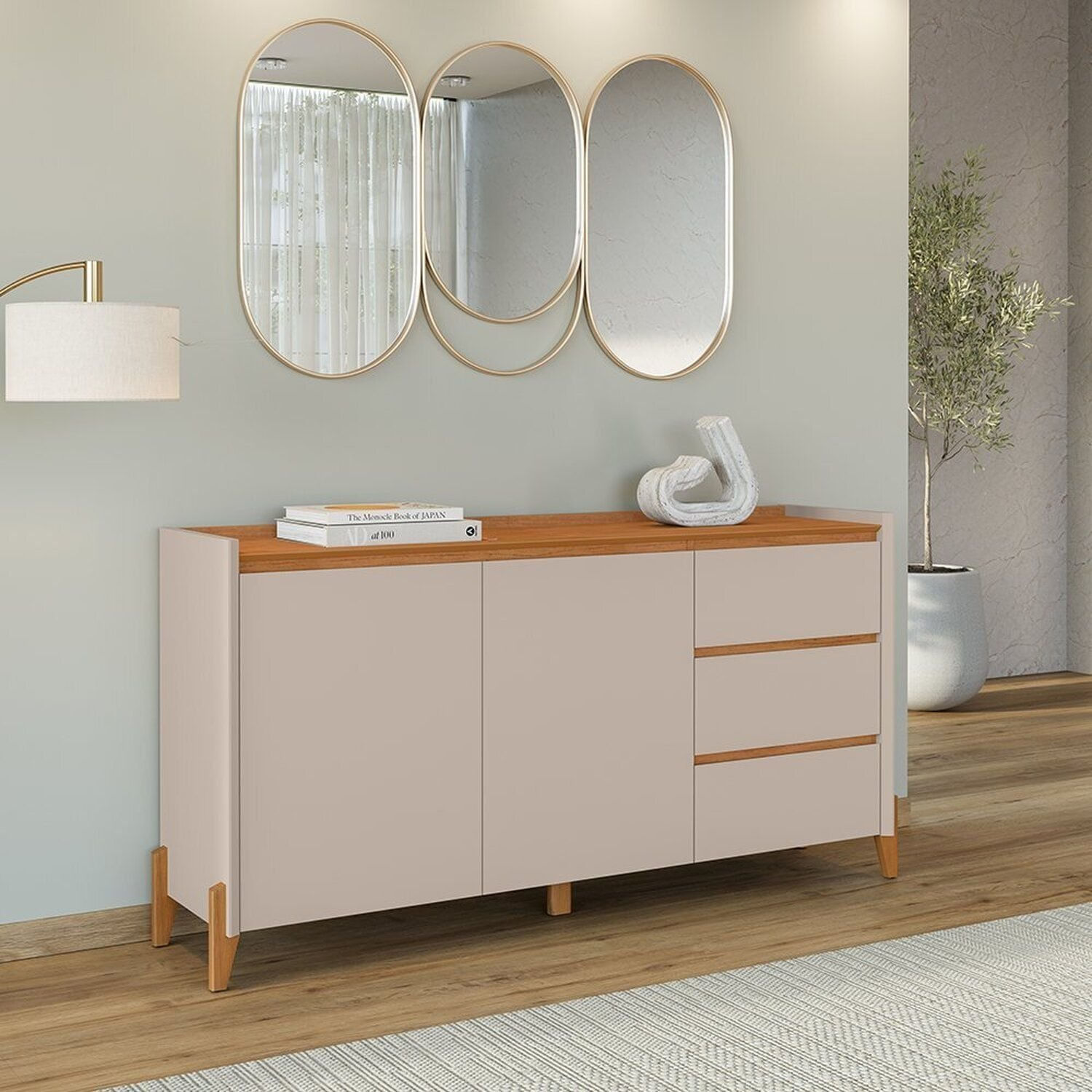 Buffet 2 Portas 3 Gavetas 166cm X 84cm Rennes Cedro/off White