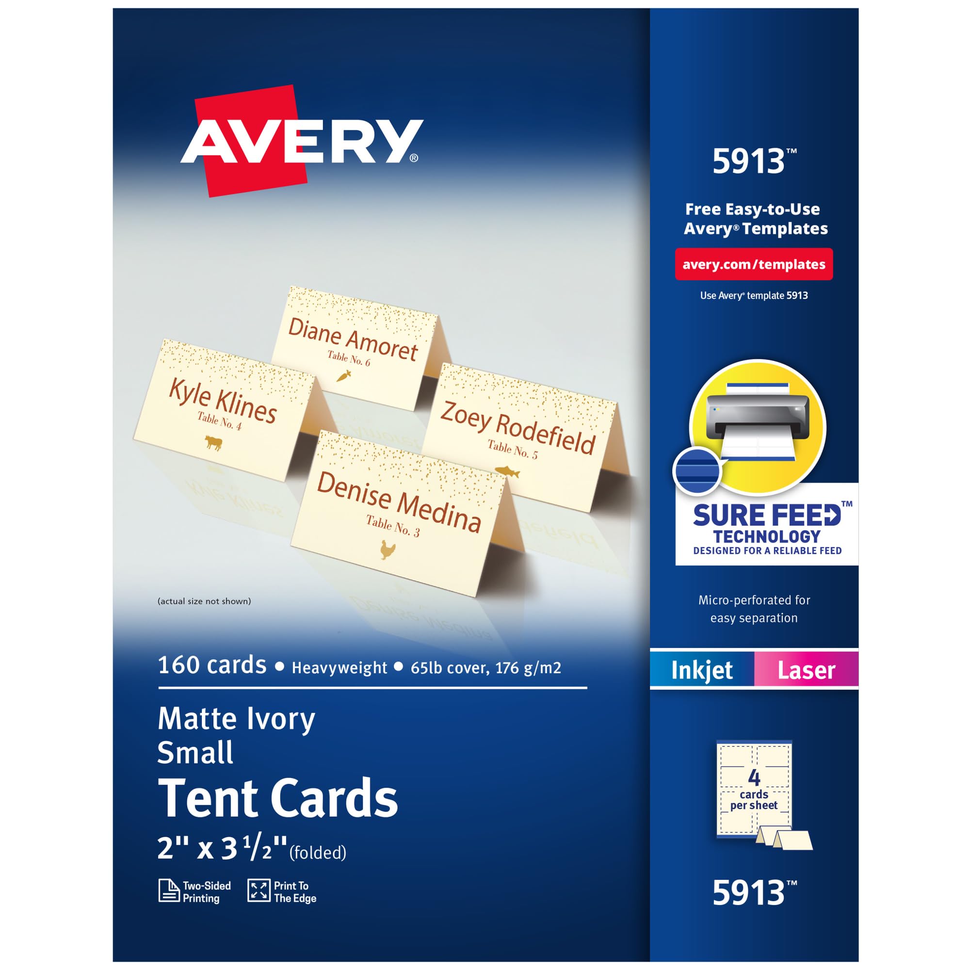 Cartões De Tenda Imprimíveis Avery Sure Feed, 2x3,5 Polegadas, Ivory, Pacote 160