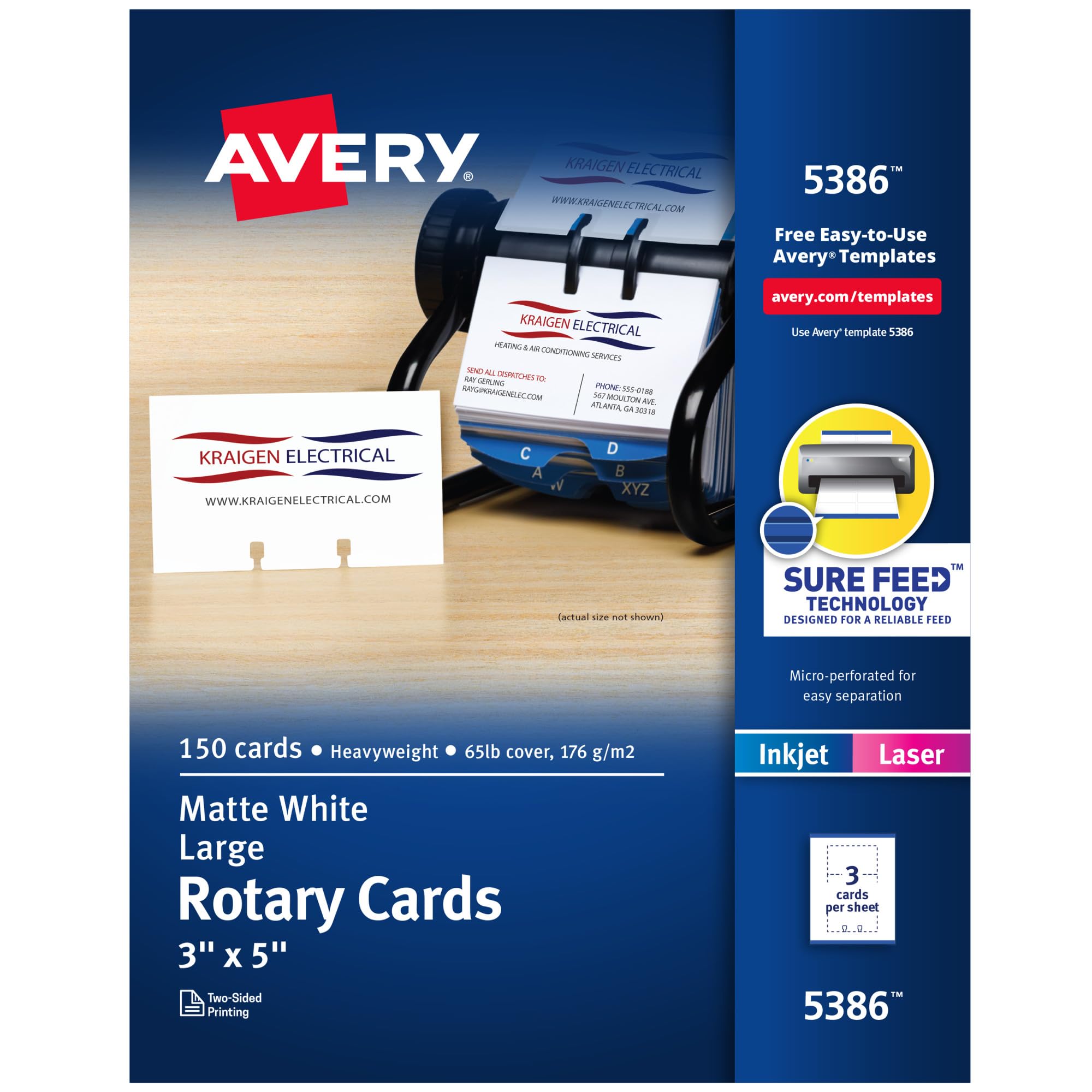 Cartões Rotativos Imprimíveis Avery Sure Feed 3x5 White 150 Cards