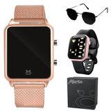 2 Relogio Feminino Digital Led Rose + Oculos Sol + Caixa Casual Preto Rosa Original Rose Moda