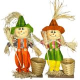 Casal Espantalhos Palha Decoração Festa Junina Com Cesto 30cm