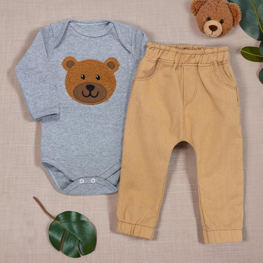 Conjunto Ursinho Para Bebê: Body Mescla Com Ecolinho