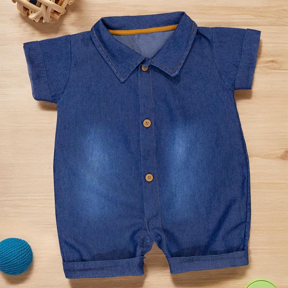 Macacão Camisa Jeans Para Bebê Menino Lavagem Azul
