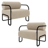 Poltrona Decorativa Para Sala Industrial Kit 2 Kira Z08 Veludo Bege - Mpozenato