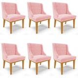 Kit 6 Cadeiras Estofadas Para Sala De Jantar Base Fixa De Madeira Castanho Lia Suede Rosa Bebê - Ibiza