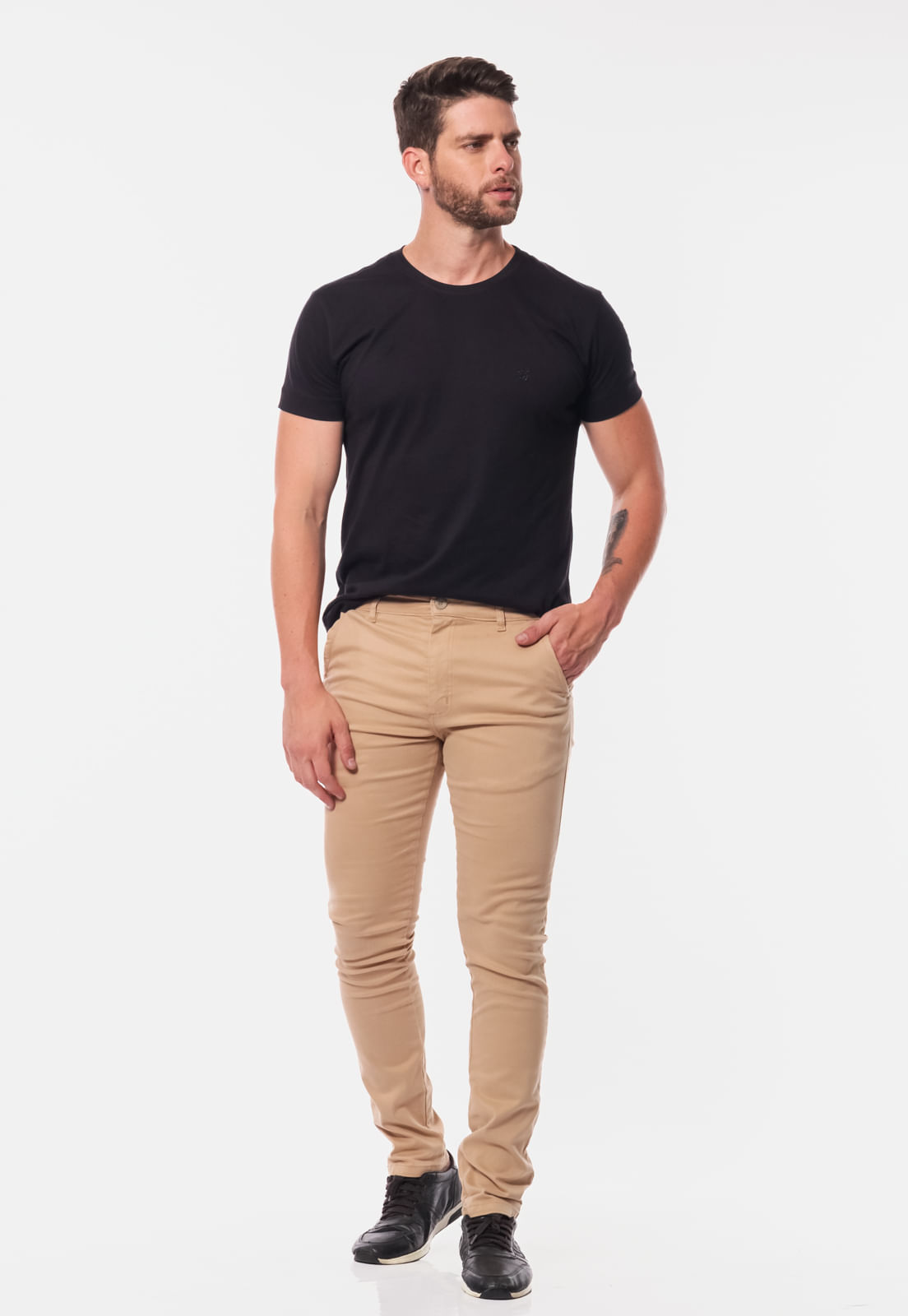 Calça Masculina Slim Em Sarja 7898 Caqui Claro