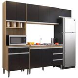 Cozinha Modulada Andréia 2,40m 10 Portas 4 Gavetas E Balcão Com Tampo Amêndoa/preto